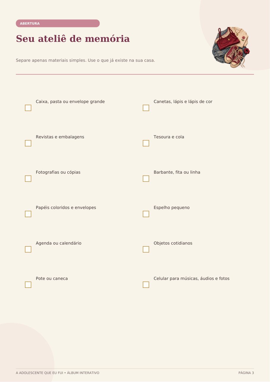 Página interna do Caderno Vivencial com checklist de materiais para o ateliê de memória