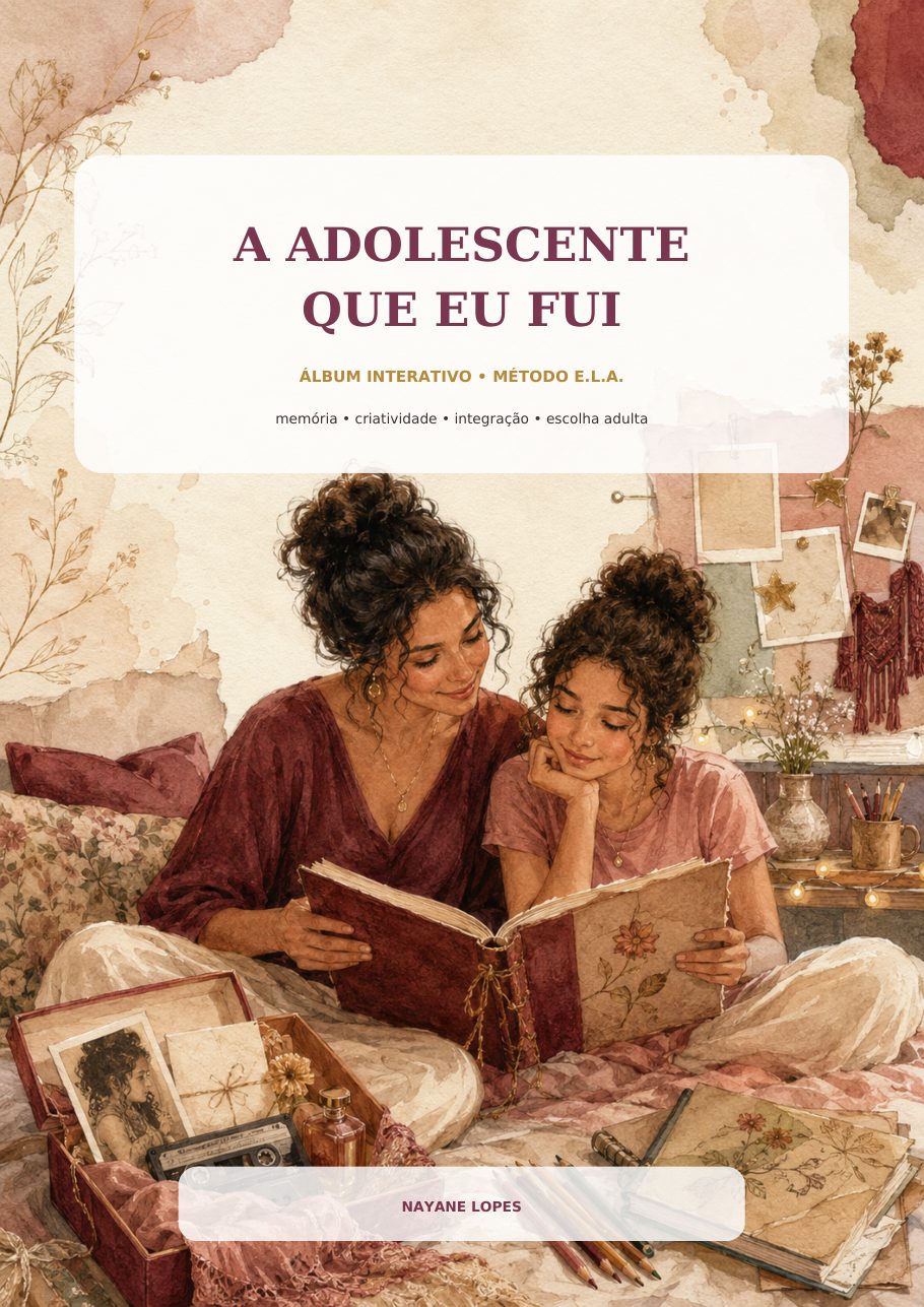 Capa do Caderno Vivencial A Adolescente que Eu Fui, ilustração em aquarela de duas mulheres lendo um álbum juntas